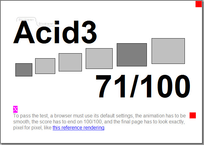 Beim Acid3 Test erreicht der Firefox 71 von 100 möglichen Punkten.