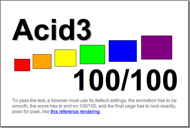 Beim Acid3 Test erreicht WebKit NightlyBuild 100 von 100 möglichen Punkten.