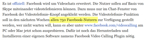 Textabschnitt mit der markierten Stelle 'allen 750 Facebook-Nutzern'