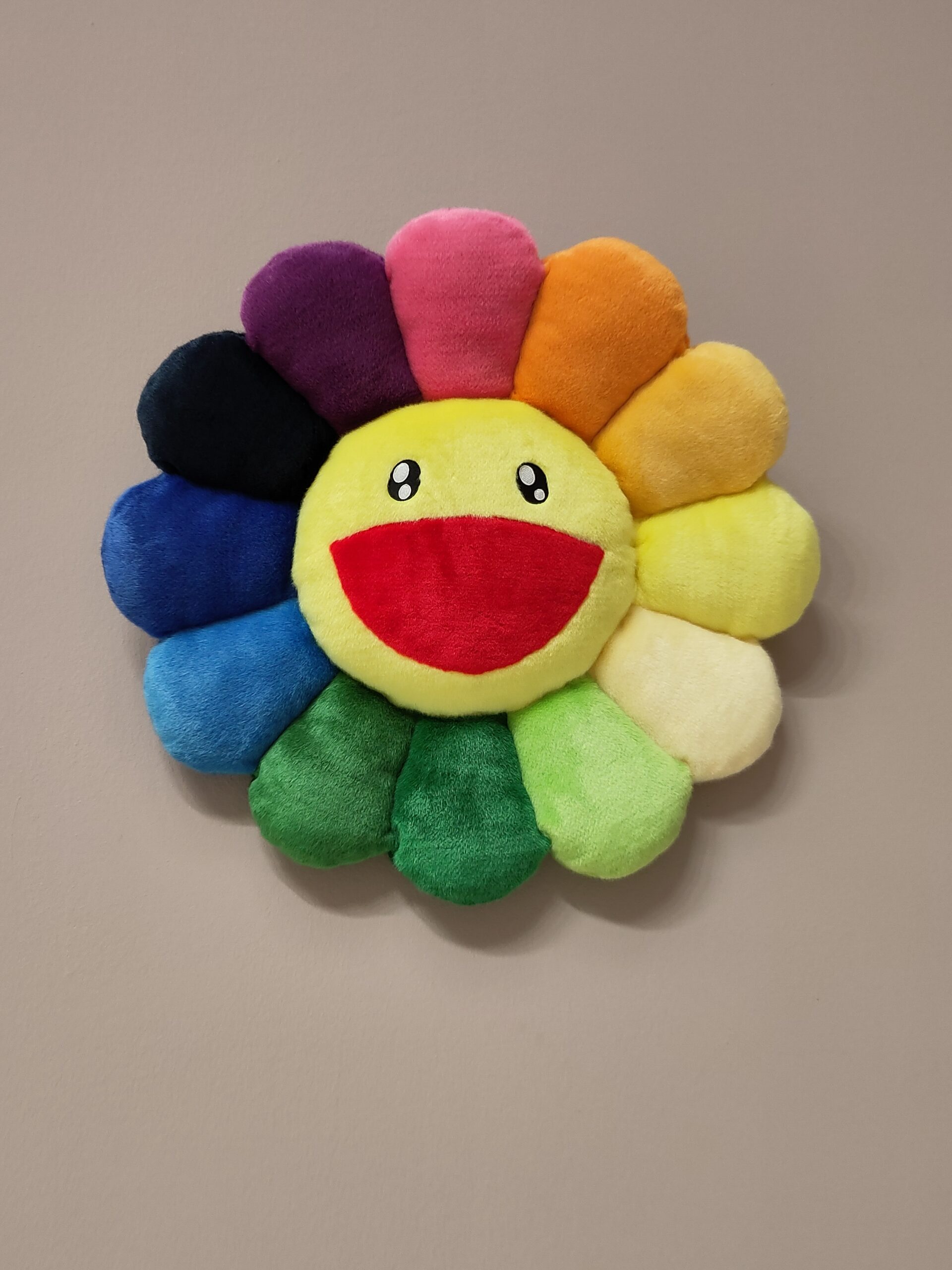 Ein lachendes Gesicht aus Stoff. Drumherum 12 einzelne Blütenblätter (ebenfalls aus Stoff) in unterschiedlichen Farben.