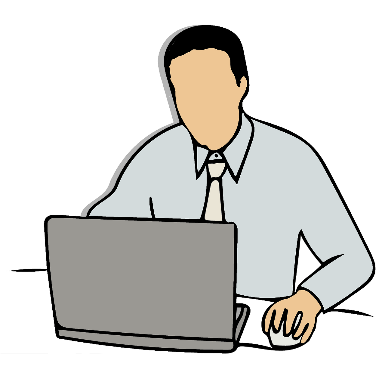 Zeichnung einer Person mit Hemd und Krawatte, die vor einem geöffneten Laptop mit einer Maus steht / sitzt.